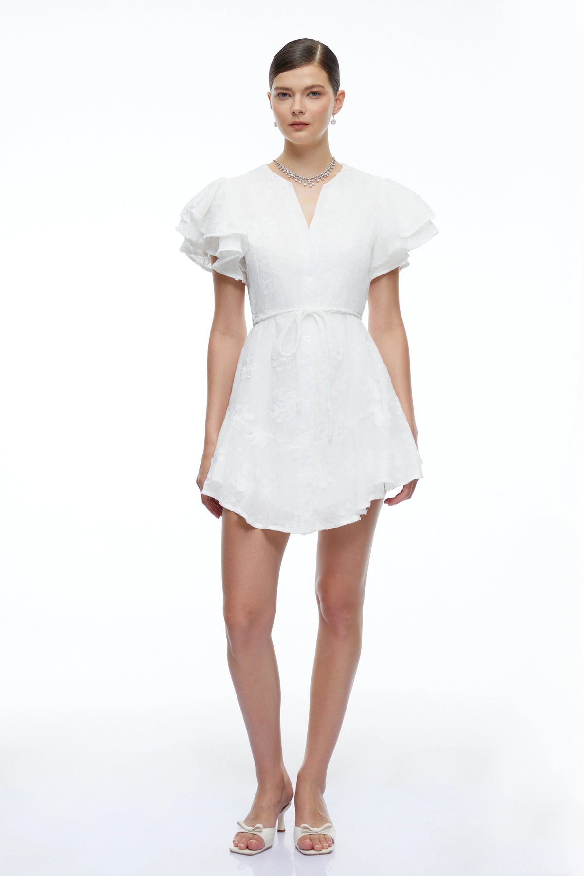 Violetta White Embroidered Mini Dress with Flutter Sleeves