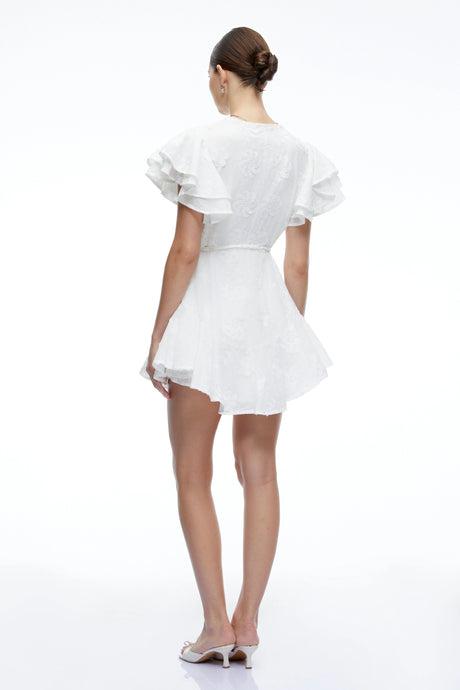 Sandra Mini Dress White Embroidered with Flutter Sleeves