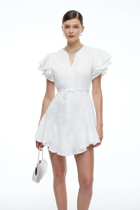 Sandra Mini Dress White Embroidered with Flutter Sleeves