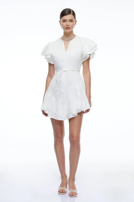Sandra Mini Dress White Embroidered with Flutter Sleeves