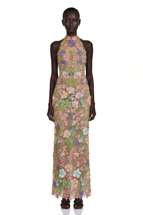 Violette Nude Halterneck Maxi Dress with 3D Florals