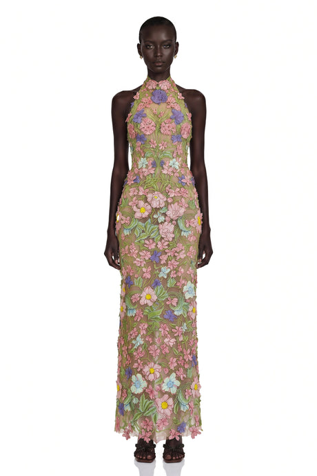 Adelina Maxi Dress Nude Halterneck with 3D Florals