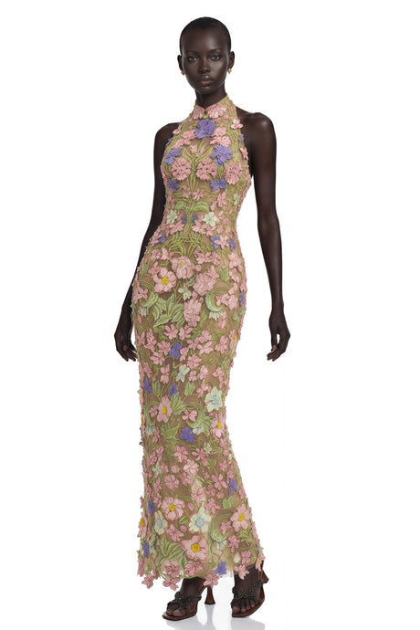 Adelina Maxi Dress Nude Halterneck with 3D Florals
