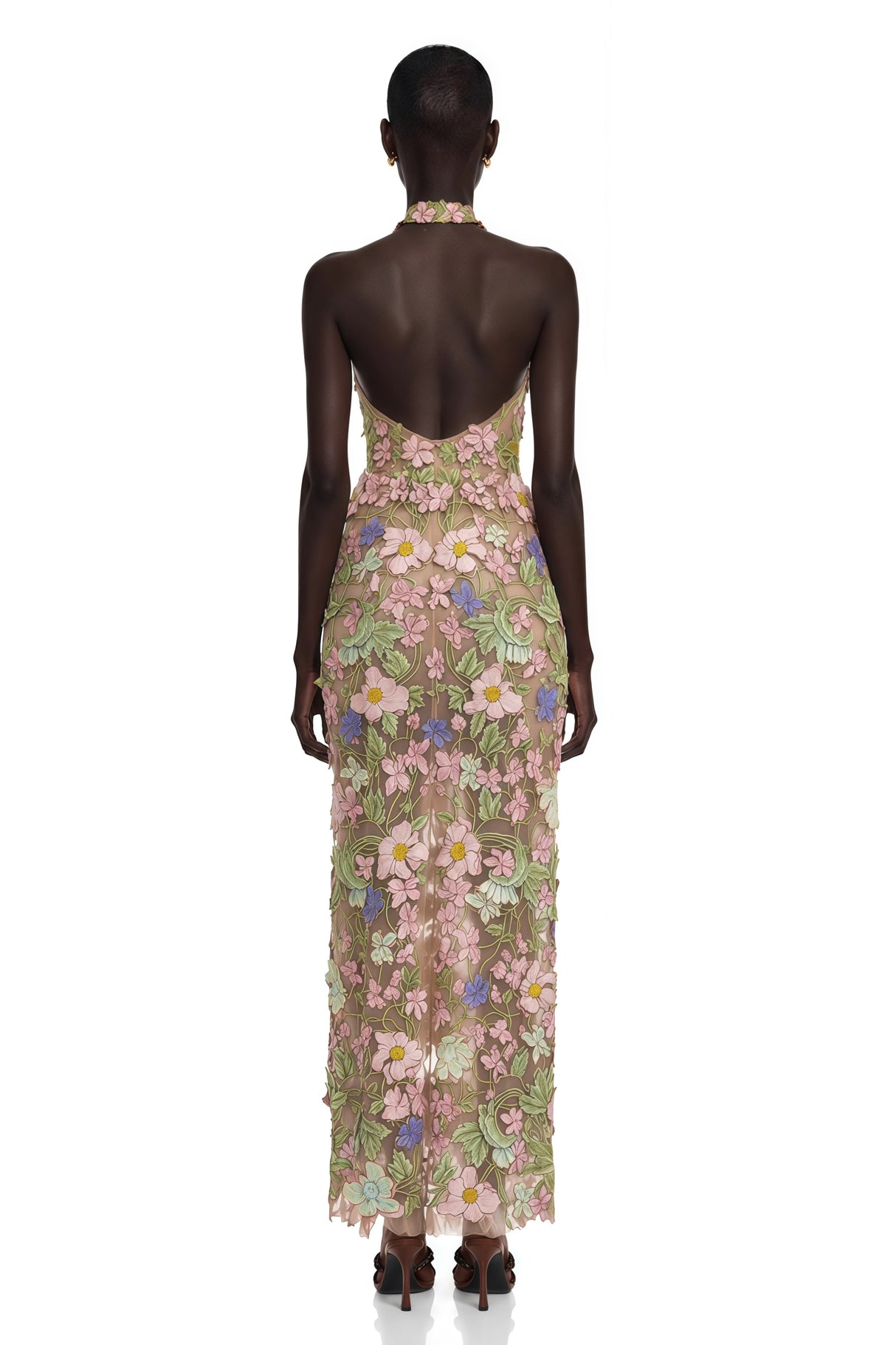 Violette Nude Halterneck Maxi Dress with 3D Florals
