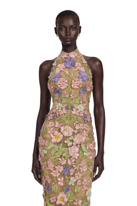Adelina Maxi Dress Nude Halterneck with 3D Florals