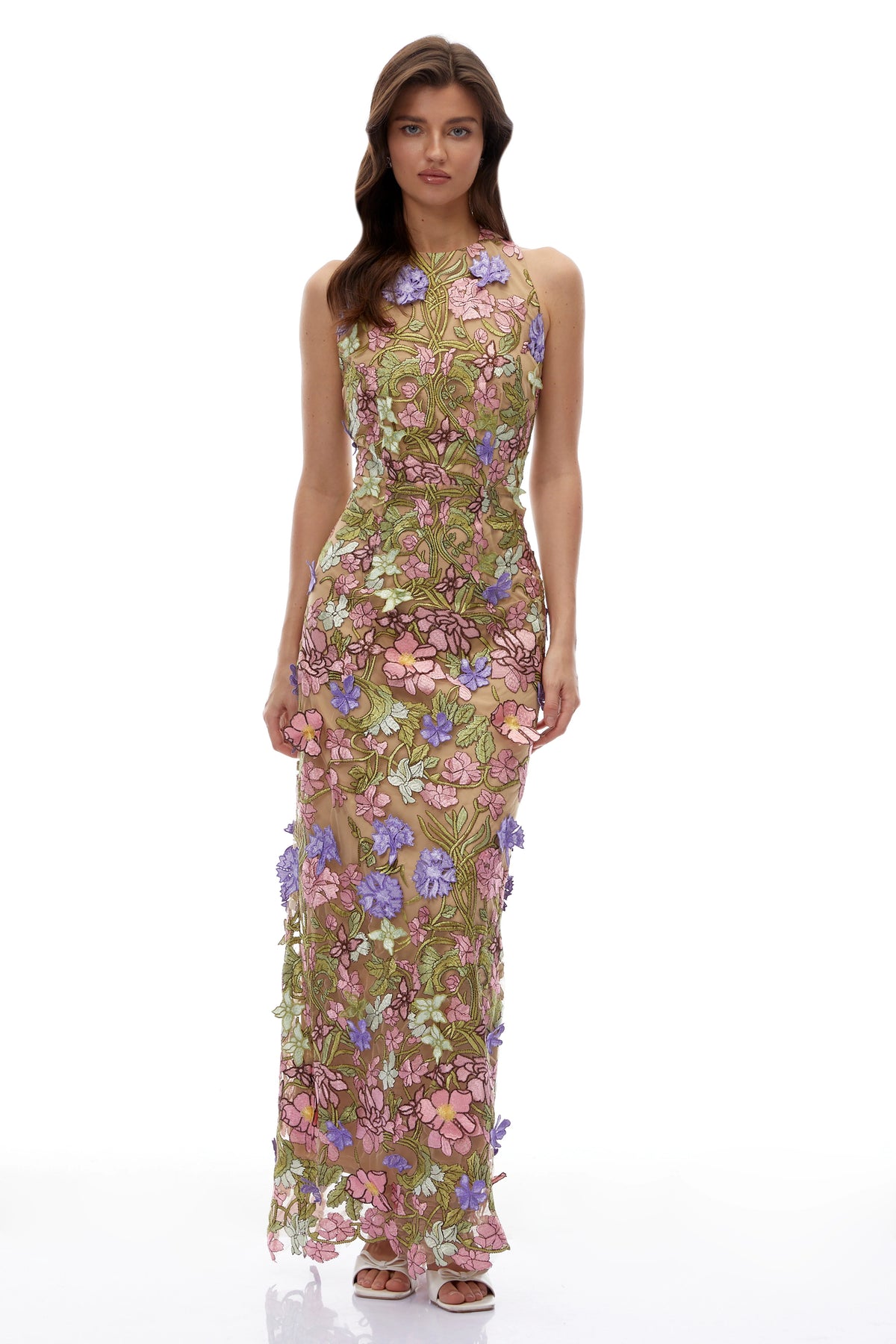 Violette Nude Halterneck Maxi Dress with 3D Florals