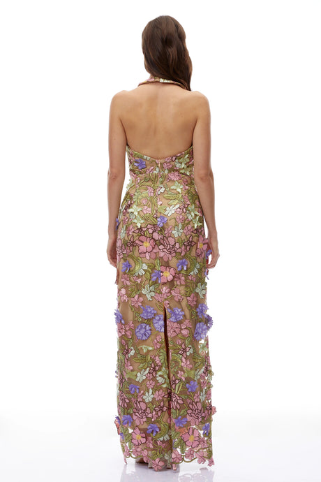 Lillian Maxi Dress Nude Halterneck with 3D Florals