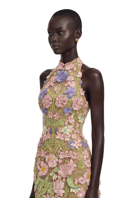 Adelina Maxi Dress Nude Halterneck with 3D Florals