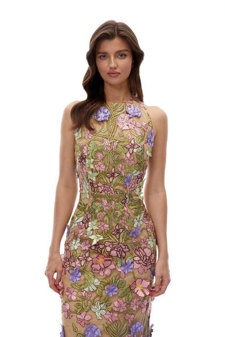 Lillian Maxi Dress Nude Halterneck with 3D Florals