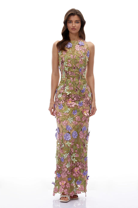 Lillian Maxi Dress Nude Halterneck with 3D Florals