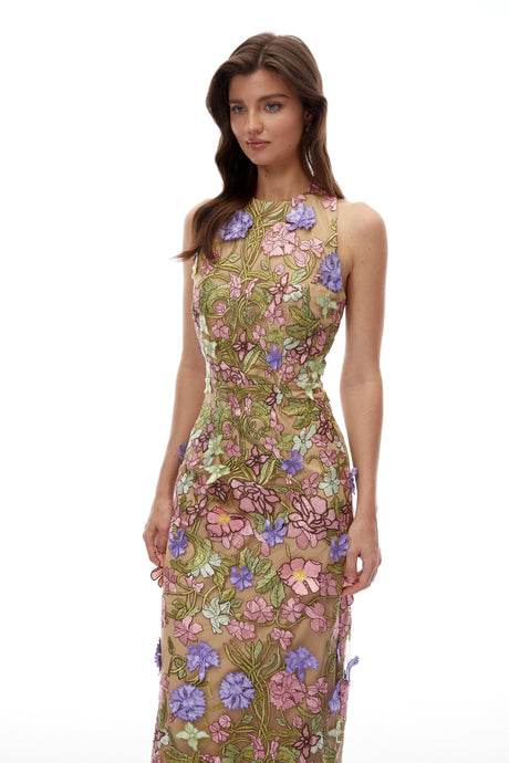 Lillian Maxi Dress Nude Halterneck with 3D Florals