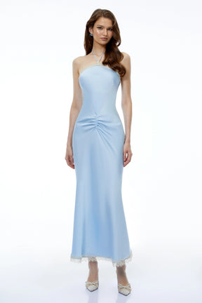 Viveka Baby Blue Halterneck Ruched Maxi Dress with Lace