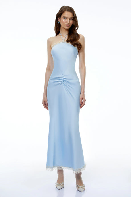 Greta Maxi Dress Baby Blue Halterneck Ruched with Lace