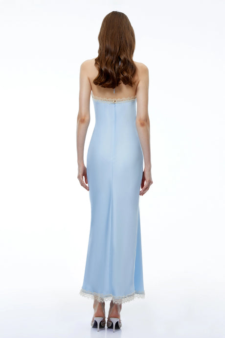 Greta Maxi Dress Baby Blue Halterneck Ruched with Lace