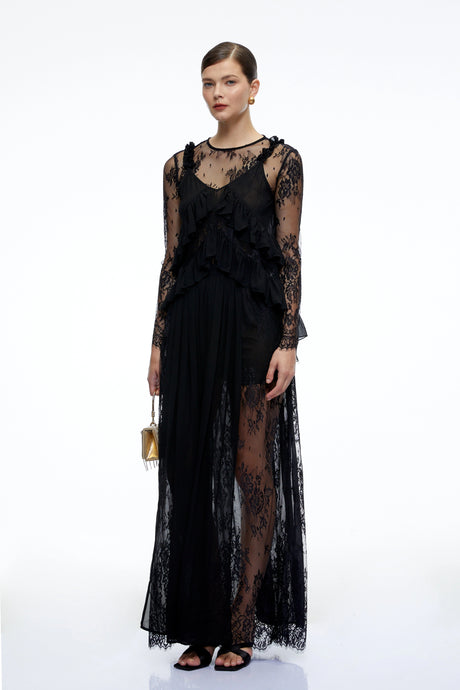 Ida Maxi Dress Black Sheer Lace Long Sleeves Ruffled