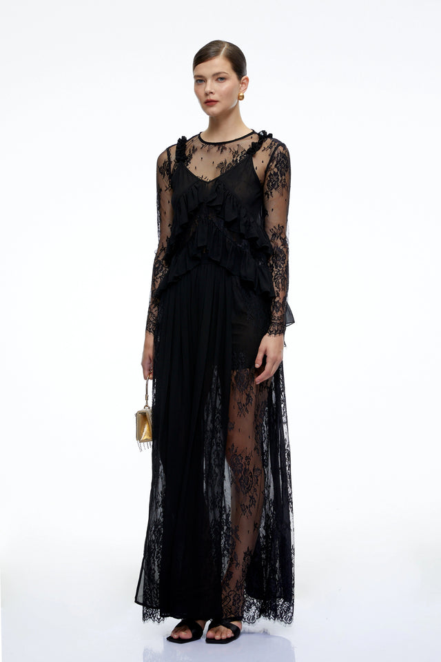 Vivian Black Sheer Lace Long Sleeves Ruffled Maxi Dress