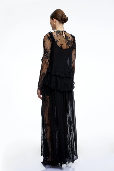 Ida Maxi Dress Black Sheer Lace Long Sleeves Ruffled