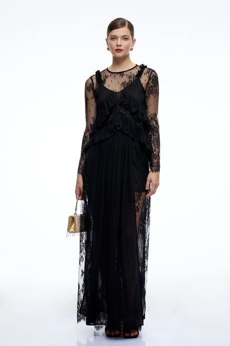 Ida Maxi Dress Black Sheer Lace Long Sleeves Ruffled