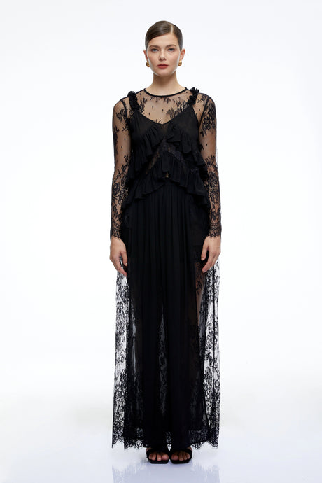 Ida Maxi Dress Black Sheer Lace Long Sleeves Ruffled