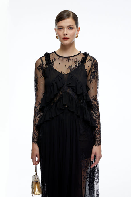 Ida Maxi Dress Black Sheer Lace Long Sleeves Ruffled