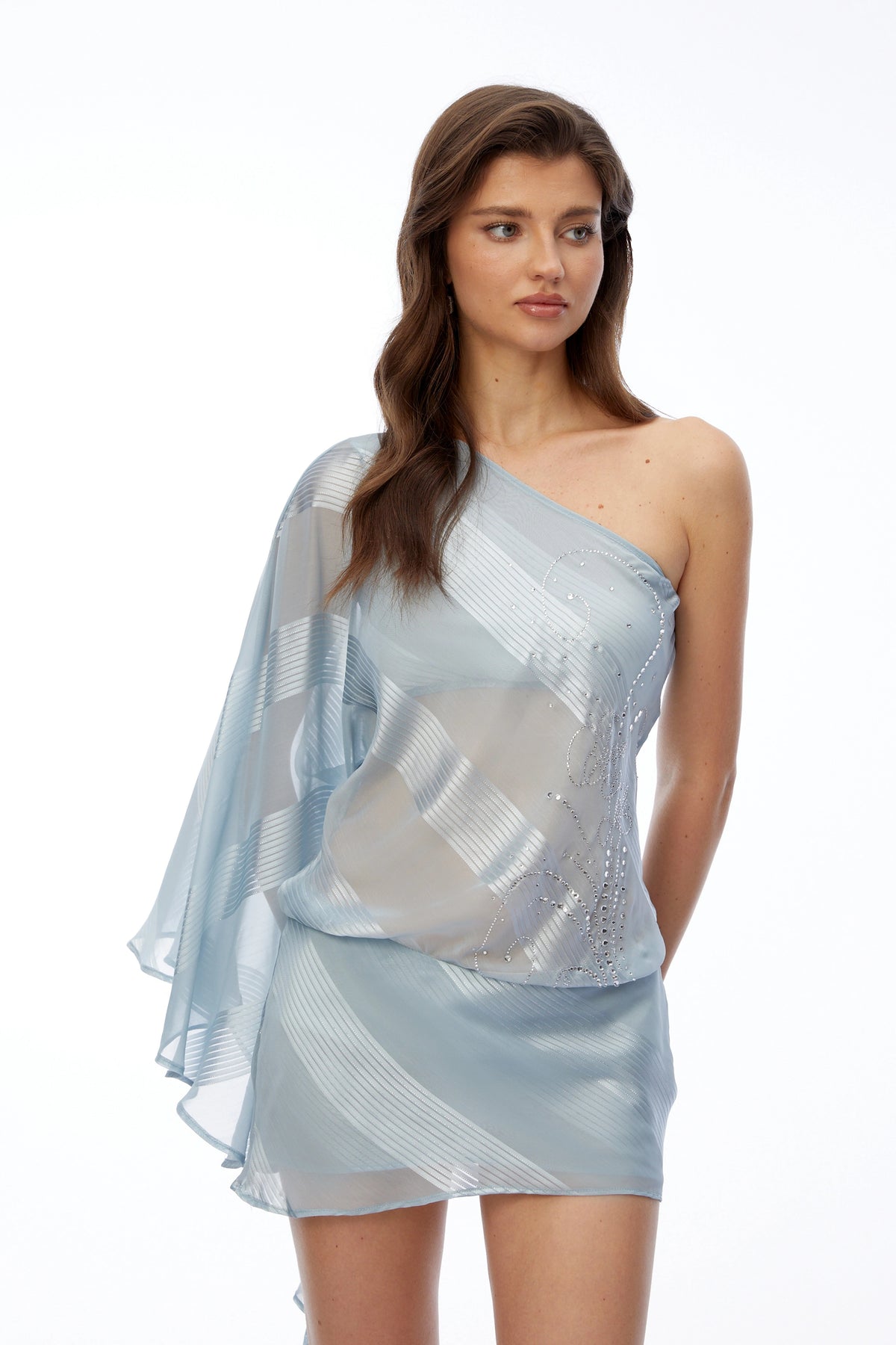 Vivian Blue One Shoulder Rhinestone Mini Dress