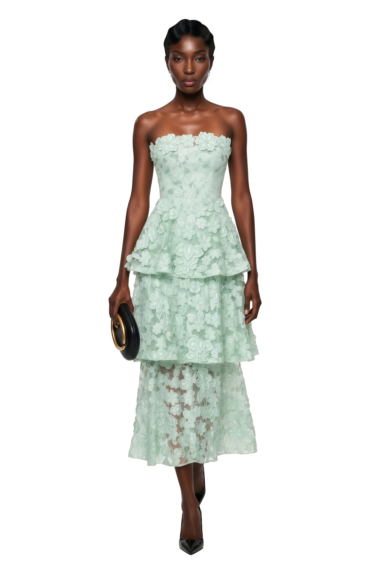 Viviana Green Tiered Midi Dress with 3D Florals