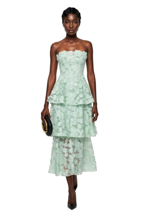 Viviana Green Tiered Midi Dress with 3D Florals