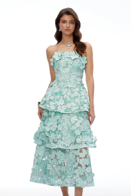 Selena Midi Dress Green Tiered with 3D Florals