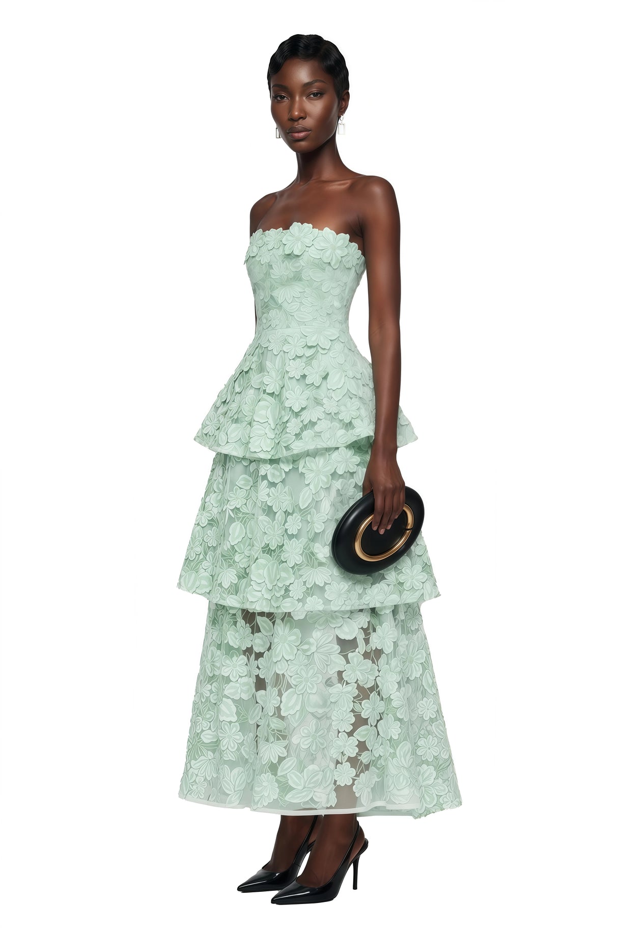Viviana Green Tiered Midi Dress with 3D Florals