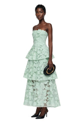 Viviana Green Tiered Midi Dress with 3D Florals