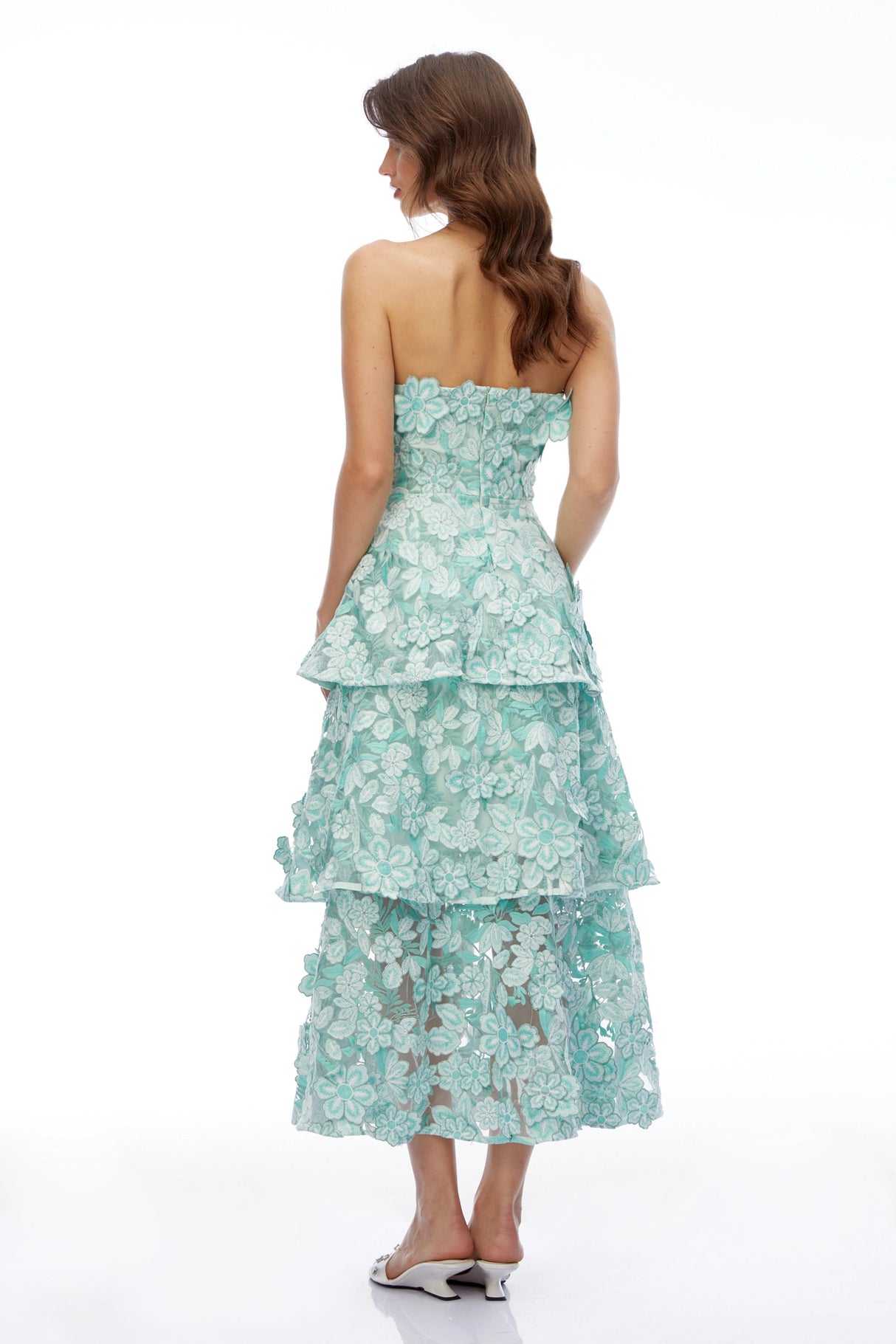 Viviana Green Tiered Midi Dress with 3D Florals