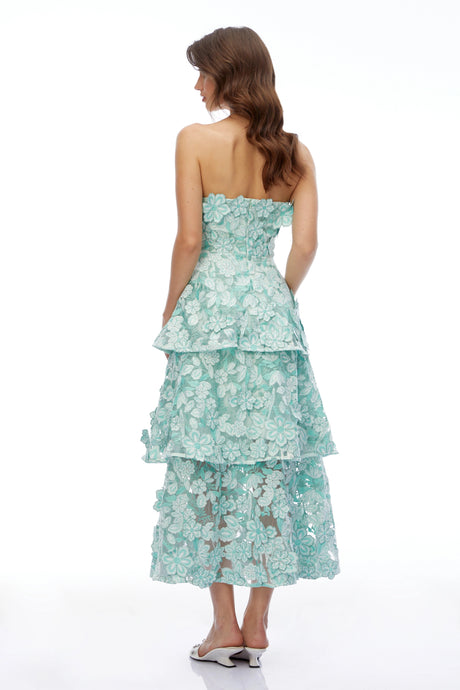 Selena Midi Dress Green Tiered with 3D Florals