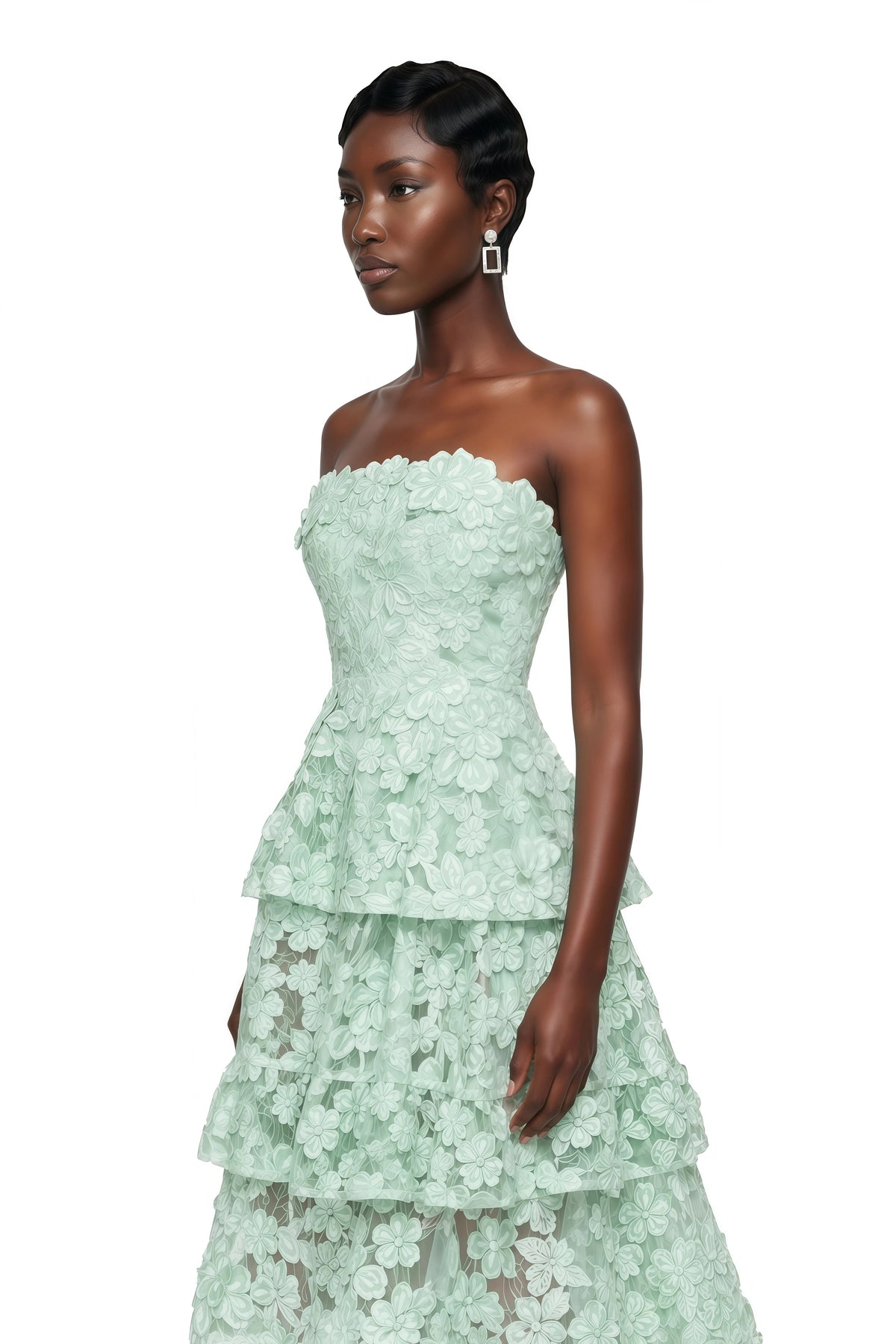 Viviana Green Tiered Midi Dress with 3D Florals