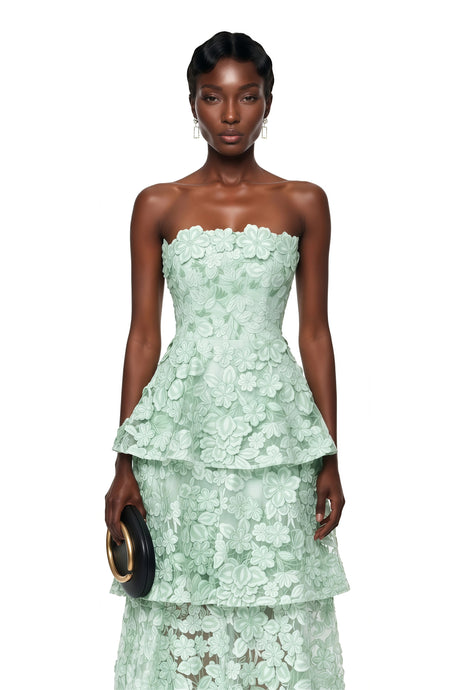 Iliana Midi Dress Green Tiered with 3D Florals