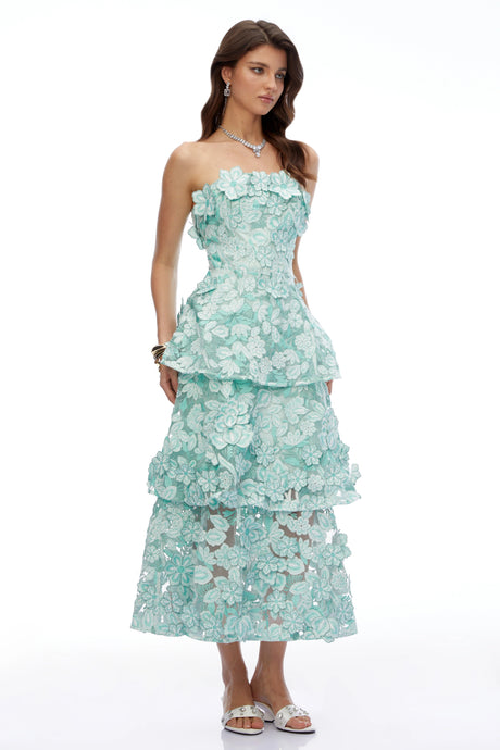 Selena Midi Dress Green Tiered with 3D Florals