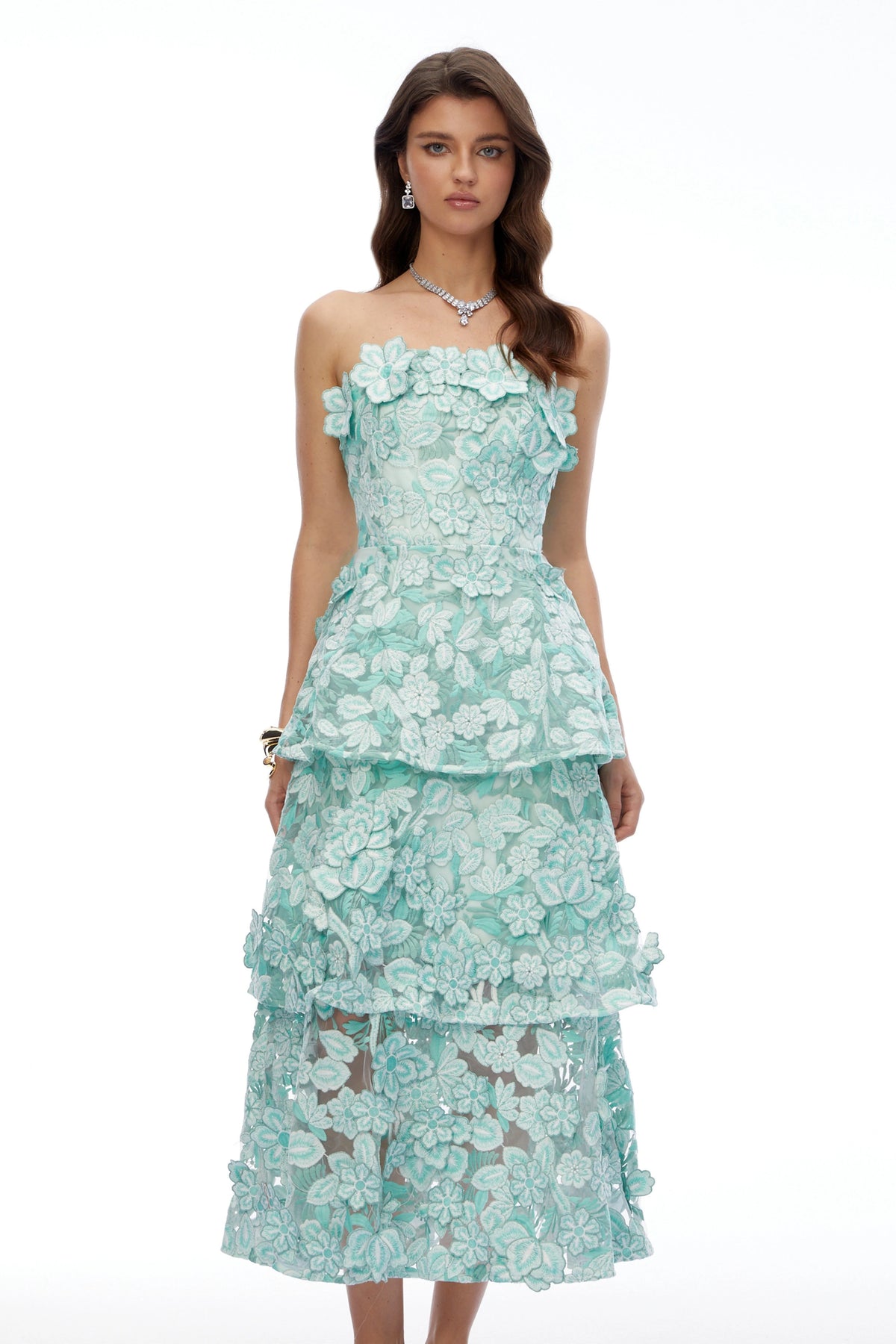 Viviana Green Tiered Midi Dress with 3D Florals