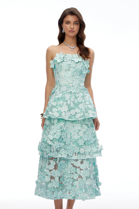 Selena Midi Dress Green Tiered with 3D Florals