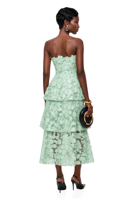 Iliana Midi Dress Green Tiered with 3D Florals