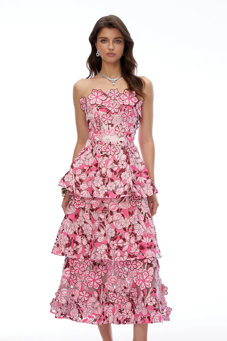 Viola Midi Dress Pink Tiered with 3D Florals