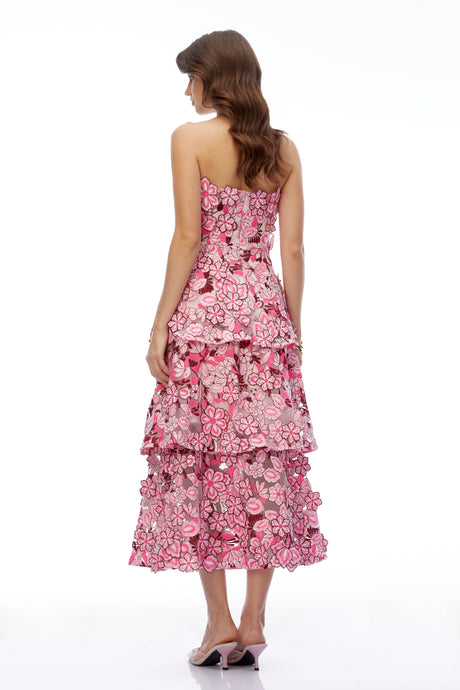 Viola Midi Dress Pink Tiered with 3D Florals