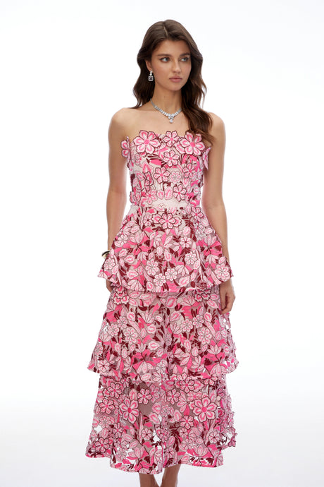 Viola Midi Dress Pink Tiered with 3D Florals
