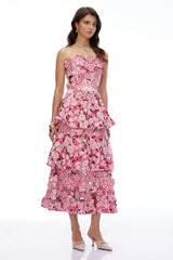 Viviana Pink Tiered Midi Dress with 3D Florals