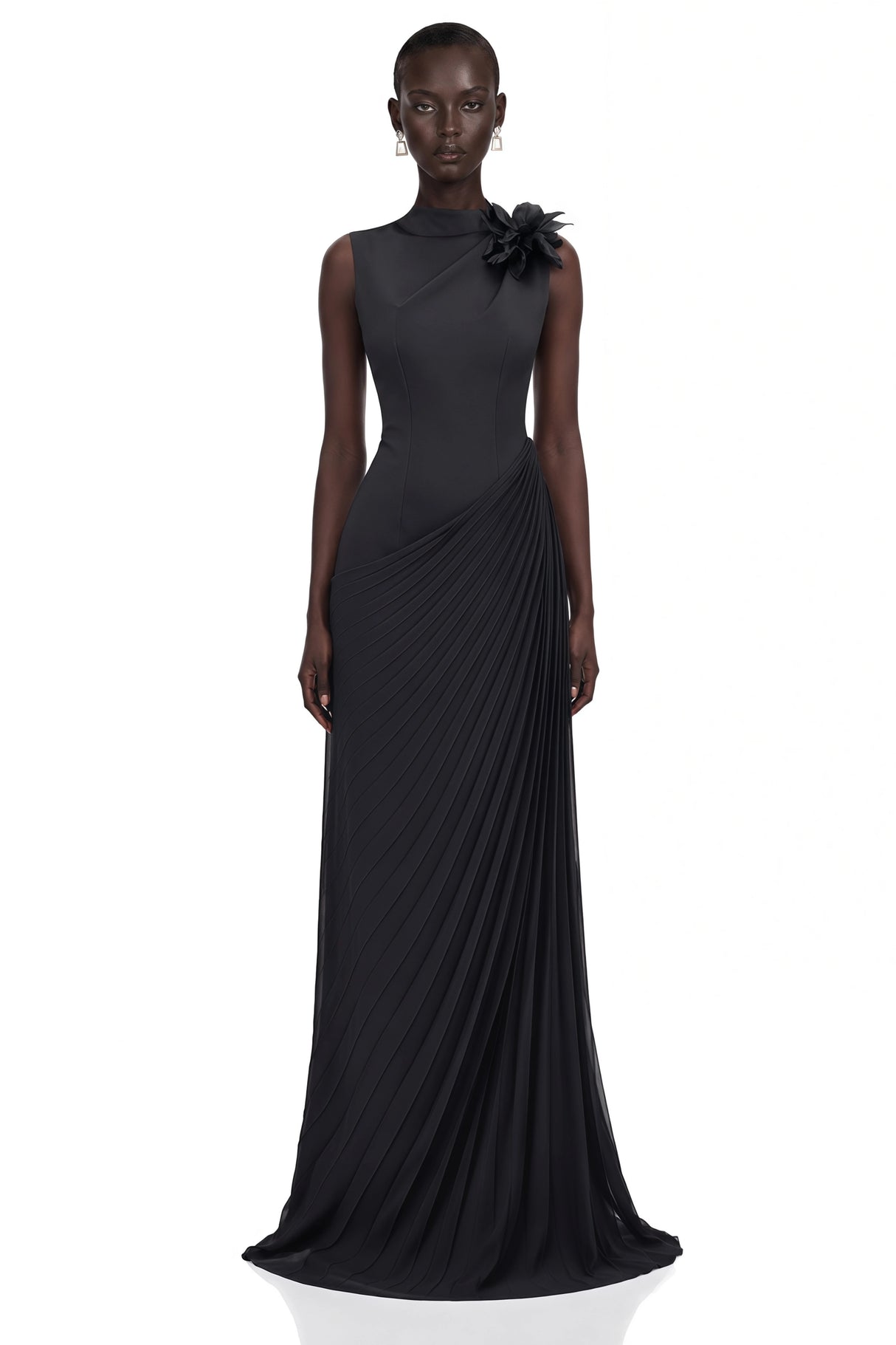 Vivienne Black Sleeveless Pleated Maxi Dress with Floral Applique