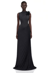 Vivienne Black Sleeveless Pleated Maxi Dress with Floral Applique