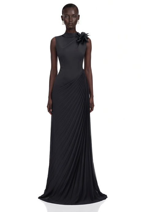 Carmelina Maxi Dress Black Sleeveless Pleated with Floral Applique