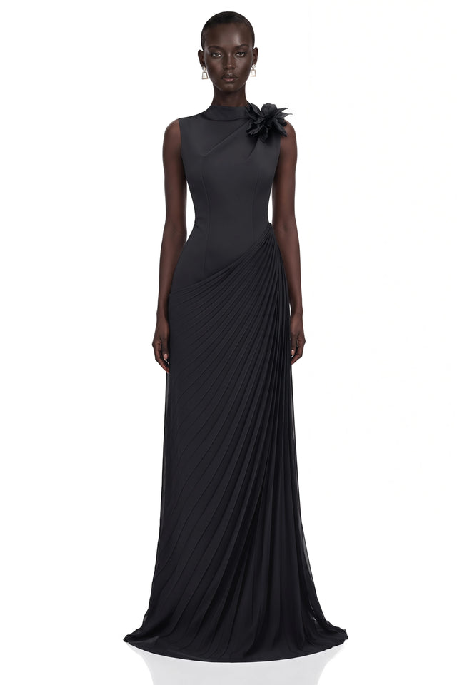 Vivienne Black Sleeveless Pleated Maxi Dress with Floral Applique