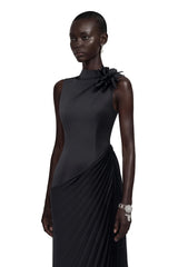 Vivienne Black Sleeveless Pleated Maxi Dress with Floral Applique