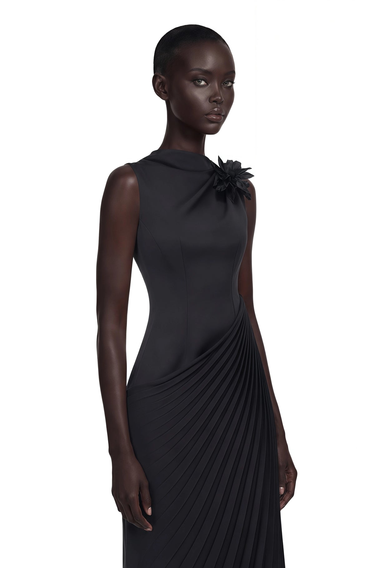 Vivienne Black Sleeveless Pleated Maxi Dress with Floral Applique