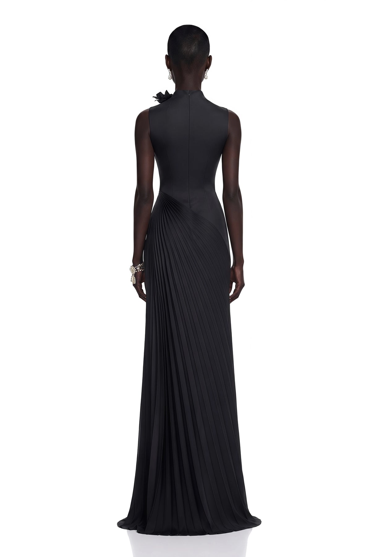 Vivienne Black Sleeveless Pleated Maxi Dress with Floral Applique