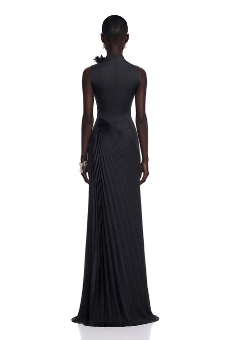 Carmelina Maxi Dress Black Sleeveless Pleated with Floral Applique